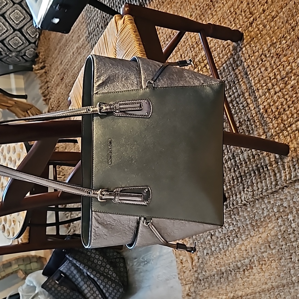 Michael Kors Travel Metallic Gray Nickel Leather Tote Bag
